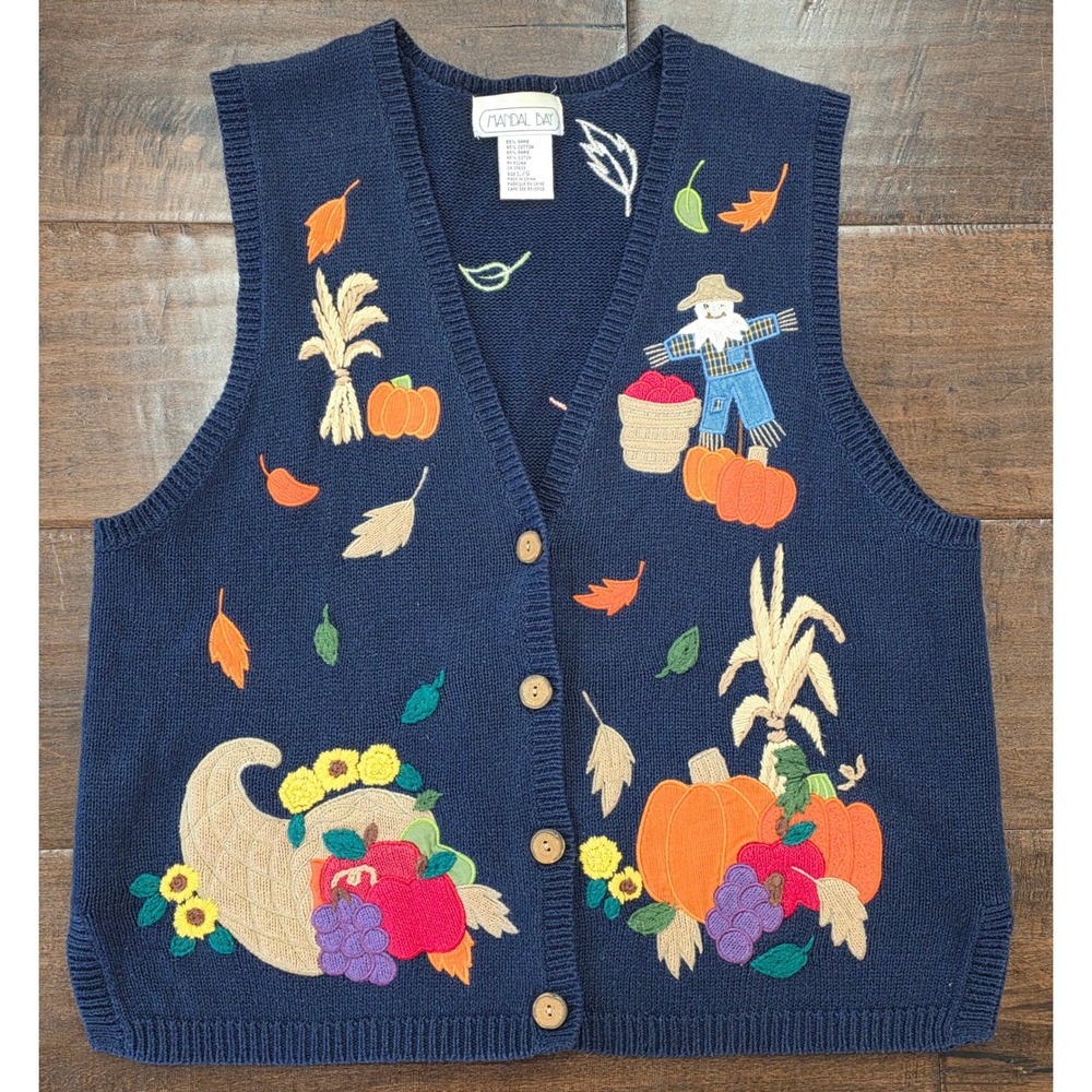 VTG Cottagecore Whimsigoth Scarecrow Pumpkin Embroidered Knit Sweater Vest L